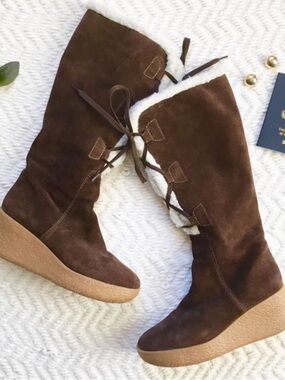 Michael Kors Brown Suede Wedge Winter Boots with Shearling Trim